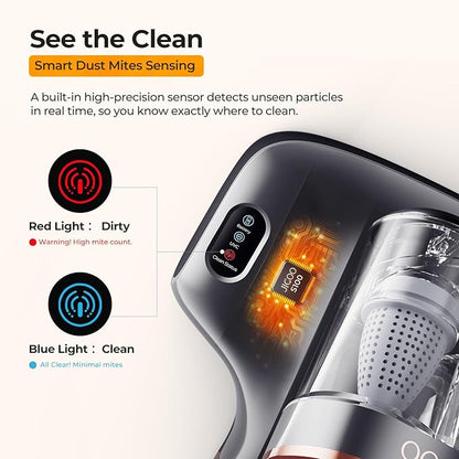 JIGOO Cordless Mattress Vacuum Cleaner with UV-C Light, Bed Vacuum Cleaner with Dust Sensor, Ultrasonic and High Heating, Deep Cleaning Bed Vacuum for Sofa Bed Fabric Surface (S100 Cordless)