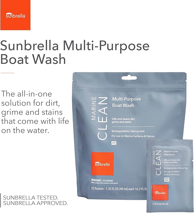 Sunbrella Marine Clean Multi-Purpose Boat Wash | Powerful Concentrated Formula | Clean Your Entire Boat | Removes Dirt, Grime | Safe for Fiberglass, Vinyl, Metal & More | 12 Individual Packets