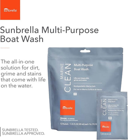Sunbrella Marine Clean Multi-Purpose Boat Wash | Powerful Concentrated Formula | Clean Your Entire Boat | Removes Dirt, Grime | Safe for Fiberglass, Vinyl, Metal & More | 12 Individual Packets