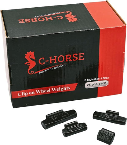 C-HORSE 100Pcs P Series Clip on Wheel Weights Black Coated Assortment for Hammer Type Rim Balancers, 0.25oz, 0.50oz, 0.75oz, 1.0oz, 25pcs for Each Size Fit for Steel Wheel (P Style, 0.25-1)