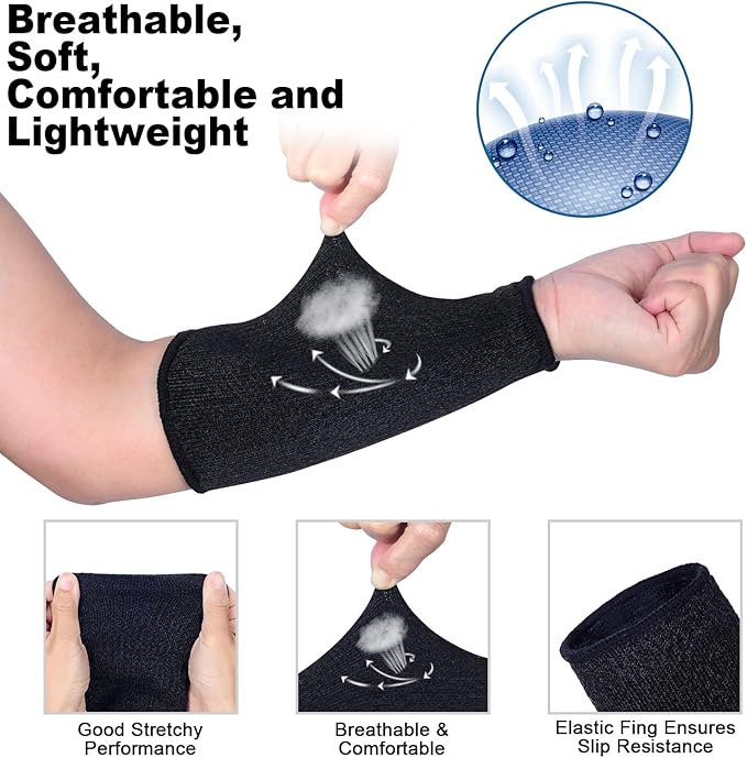 ReHaffe 2 Pairs Forearm Protector Sleeve Cut Resistant Level 5 Protection,10" Long Arm Sleeves Comfort Stretchable Arm Guards Thin Skin for Women Men Work(1 Black + 1 Gray)