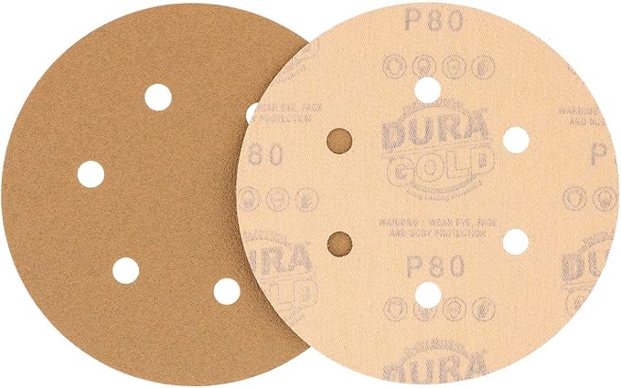 Dura-Gold Premium 80 Grit 6" Gold Sandpaper Discs, 6 Hole Pattern Dustless, Box of 50 - Hook & Loop Backing for DA Sander, Finishing Coarse Sanding Abrasive Automotive Paint, Woodworking Wood, Metal