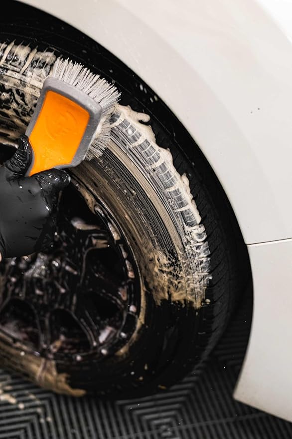 Detail Factory - ProGrip Tire Brush - Ergonomic ProGrip Handle, Stiff Synthetic Bristles, Ergonomic Design, Efficient Tire Brushes for Cleaning Tires - Black Ice