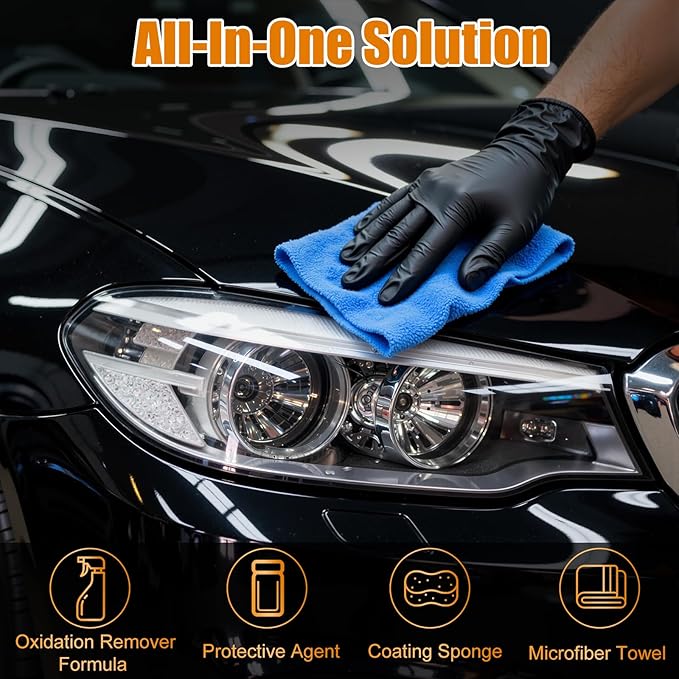 Automotive Headlight Restoration Kit - Refurbishing Fluid & Polishing Cleaner for Oxidized, Yellowed Headlamps, Enhanced Hydrophobic Coating for Superior Gloss & Protection on All Vehicles