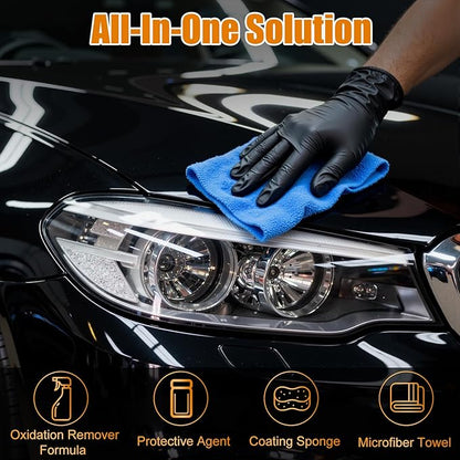 Automotive Headlight Restoration Kit - Refurbishing Fluid & Polishing Cleaner for Oxidized, Yellowed Headlamps, Enhanced Hydrophobic Coating for Superior Gloss & Protection on All Vehicles