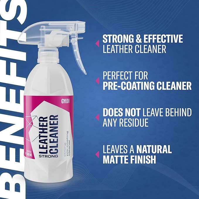 GYEON LeatherCleaner Strong Deep Cleaning Pre‑Coating Leather Cleaner for Cars Removes Oil Dirt Discoloration Interior Safe Matte Finish Surface Prep for Coating Strong Automotive Leather Treatment