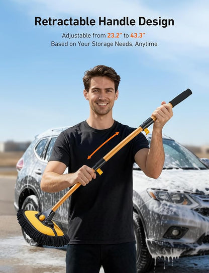 AstroAI 15°Curved Car Wash Brush with 43" Long Handle and 90° Rotating Replaceable Brush Head, Car Wash Kit with Microfiber Towel and Tire Brush for Car, SUV, RV, Floor Cleaning, Yellow