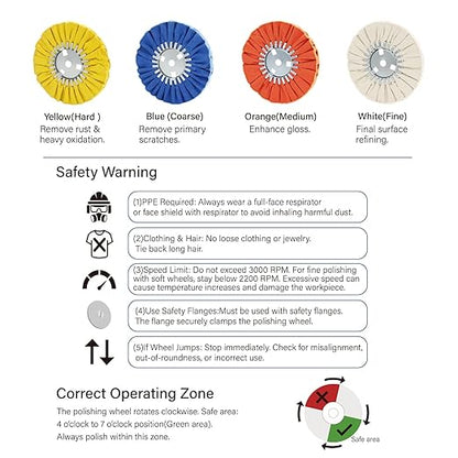QZATTCAEN Airway Buffing Wheel Kit 4 Piece kit (1 pcs White & 1 pcs Orange & 1 pcs Blue & 1 pcs Yellow) 8" in Diameter 5/8" in Arbor Hole 12 Ply for Angle Grinder 4 Pcs