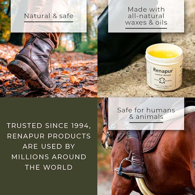Renapur Leather Balsam, Natural Conditioner, Protector and Restorer — for Leather Furniture, footwear, Purses & Bags, Car interiors & Bikes, Saddlery & Tack. (6.7 fl oz + Applicator Sponge)