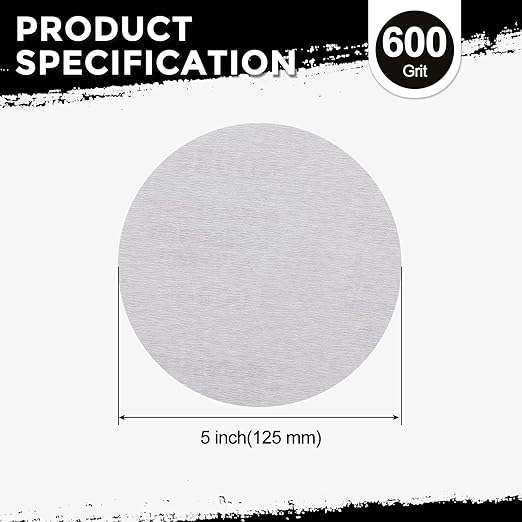 Kozelo 50 Pcs Sanding Discs 5 Inch 600 Grit Hook and Loop Random Orbital Sandpapers Suitable for Drywall Sander Wood Metal Furniture, White