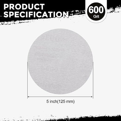 Kozelo 50 Pcs Sanding Discs 5 Inch 600 Grit Hook and Loop Random Orbital Sandpapers Suitable for Drywall Sander Wood Metal Furniture, White