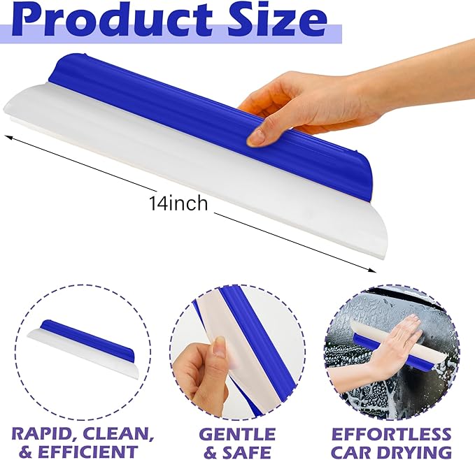 2 Pack 14 inch Car Drying Squeegee Longer Silicone Automotive Water Wiper Flexible Auto T-Bar Rubber Blade for Car Windshield Glass Window Bathroom Shower Squeegees Wash Tool(Blue)