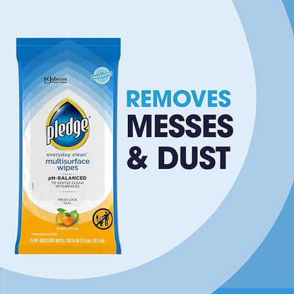 Pledge Multisurface Cleaning Wipes, pH Balanced, Fresh Citrus, 25 Count (Pack of 3, 75 Total Wipes)