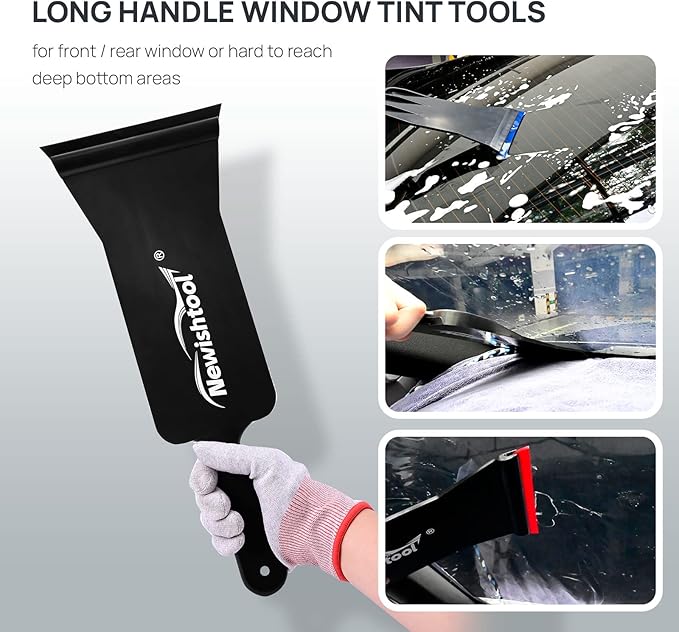 NEWISHTOOL Window Tint Tools Bulldozer Squeegee for Front/Back Rear Window Film Application, 1 Pc Long Handle Squeegee with Blade and 2 PC Refills Rubber, Auto Flat Glass Tint Squeegee, Blue,white