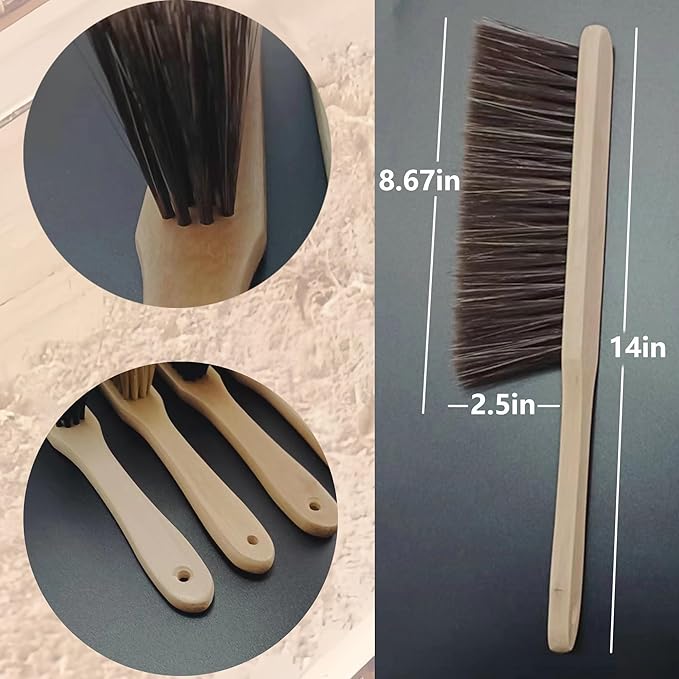 2 Pieces Woooden Dust Brush Hand Broom Bench Brush with Long Wood Handle Whisk Broom Soft Bristle Brush for Counter Bed Sofa Car Fireplace Clothes Household Cleaning (Beige)