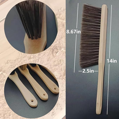 2 Pieces Woooden Dust Brush Hand Broom Bench Brush with Long Wood Handle Whisk Broom Soft Bristle Brush for Counter Bed Sofa Car Fireplace Clothes Household Cleaning (Beige)