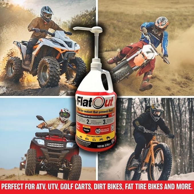 Flat Out Tire Sealant Sportsman Formula - Prevent Flat Tires - Seal Leaks - Sportsman Formula with Valve Core Tool - Contains Kevlar - Tubeless Tire Sealant - Fast-Acting Formula - 1 Gallon