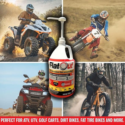 Flat Out Tire Sealant Sportsman Formula - Prevent Flat Tires - Seal Leaks - Sportsman Formula with Valve Core Tool - Contains Kevlar - Tubeless Tire Sealant - Fast-Acting Formula - 1 Gallon