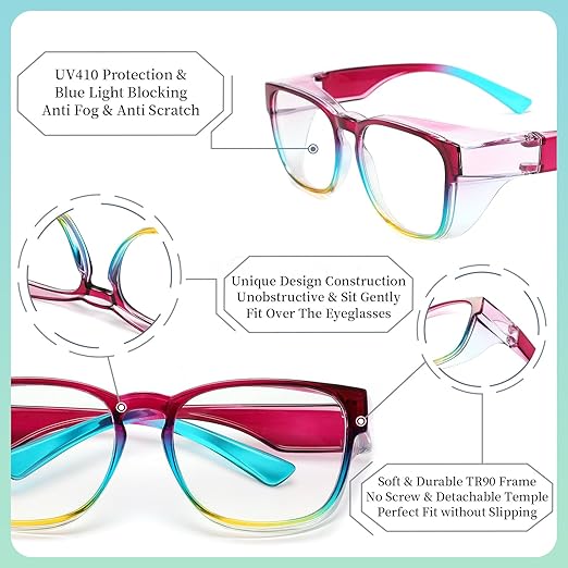 Alsenor Safety Glasses Anti Fog Goggles Fit Over Prescription Eyewear For ANSI Z87.1 Certified Oversized Eyeglasses For Men Women (Oversized-Rainbow)