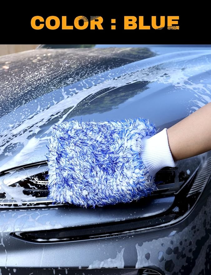 Microfiber Car Wash Mitts, 2Pack Premium Scratch-Free Car Wash Gloves with Thick Elastic Cuff for Auto Detailing, Cars, Trucks, SUVs, Boats (Blue & Black)