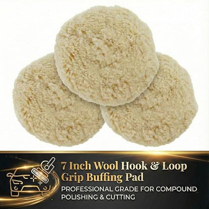 Woolous Wool Buffing Pads 7 Inch, 3 Pack - 100% Natural Wool Pads for Buffing, Polishing & Compounding Cars, Boats, Trucks & Motorcycles - Hook & Loop for Quick Attachment