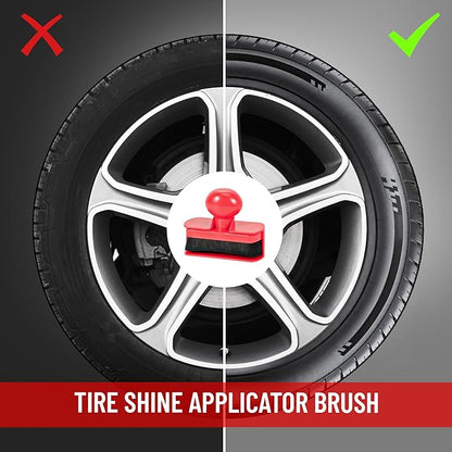 Large Tire Shine Applicator Brush,Vegan Tire Shine Applicator with Curved Brush Head - Automotive Tire Dressing Applicator Brush with Storage Stand for Tire Detailing, 3.6 Inch Length (Red)