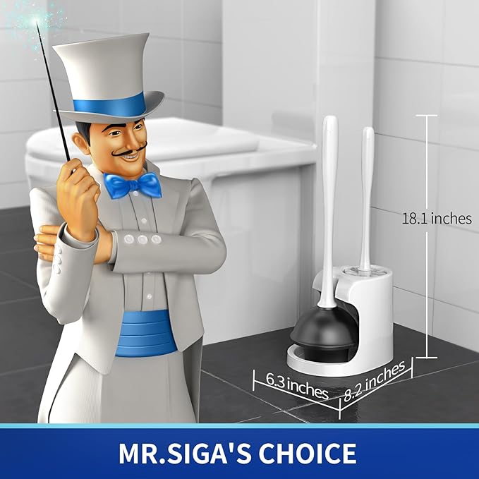 MR.SIGA Toilet Plunger and Bowl Brush Combo for Bathroom Cleaning, White, 1 Set