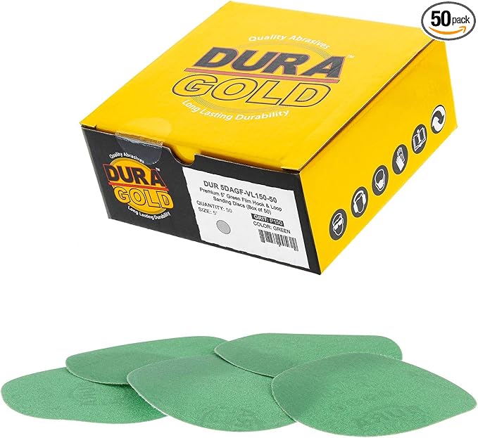 Dura-Gold Premium 5" Green Film Sanding Discs - 150 Grit (Box of 50) - Hook & Loop Backing Sandpaper Discs for DA Sanders, Finishing Medium Cut Abrasive - Sand Automotive Car Paint, Woodworking Wood