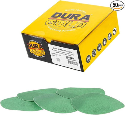 Dura-Gold Premium 5" Green Film Sanding Discs - 150 Grit (Box of 50) - Hook & Loop Backing Sandpaper Discs for DA Sanders, Finishing Medium Cut Abrasive - Sand Automotive Car Paint, Woodworking Wood