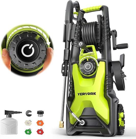 5000 Max Adjustable PSI Pressure Washer, 2 Max GPM Power Washer with 33 FT Hose Reel, Steel Wand, 500ml Foam Cannon, 4-Nozzle Set, Electric Pressure Washer for Cars, Fences, Patios