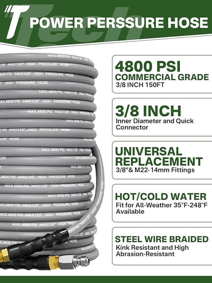 3/8" 4800PSI Pressure Washer Hose 150FT with Swivel Quick Connect for Cold/Hot Water Max 248°F, Kink Resistant Steel Wire Braided, Wear Resistant Power Washer Hose with M22 14mm Adapter