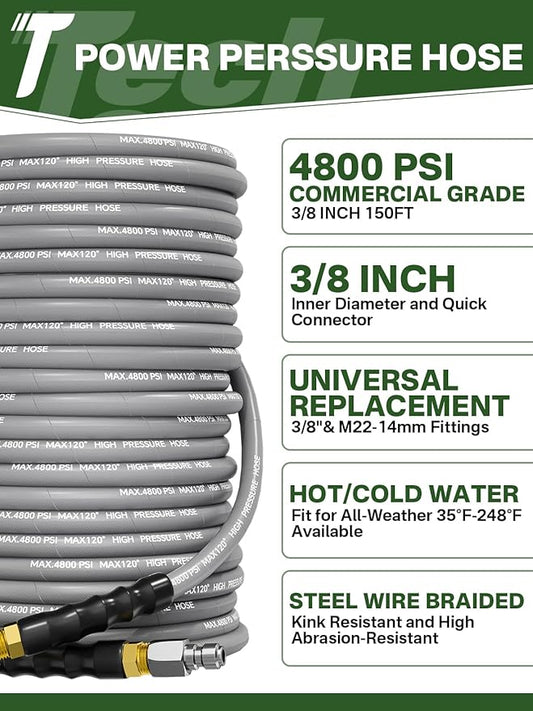 3/8" 4800PSI Pressure Washer Hose 150FT with Swivel Quick Connect for Cold/Hot Water Max 248°F, Kink Resistant Steel Wire Braided, Wear Resistant Power Washer Hose with M22 14mm Adapter