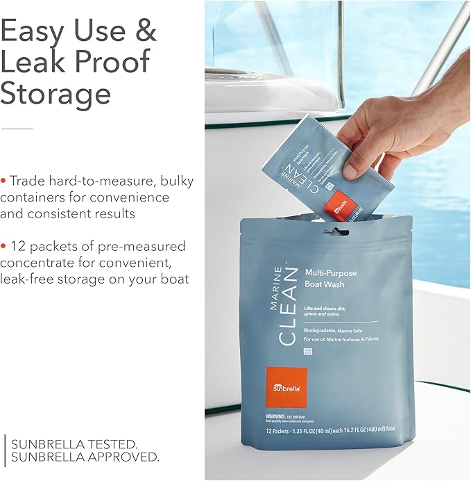 Sunbrella Marine Clean Multi-Purpose Boat Wash | Powerful Concentrated Formula | Clean Your Entire Boat | Removes Dirt, Grime | Safe for Fiberglass, Vinyl, Metal & More | 12 Individual Packets