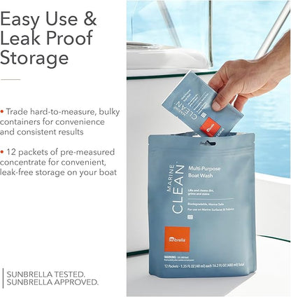 Sunbrella Marine Clean Multi-Purpose Boat Wash | Powerful Concentrated Formula | Clean Your Entire Boat | Removes Dirt, Grime | Safe for Fiberglass, Vinyl, Metal & More | 12 Individual Packets