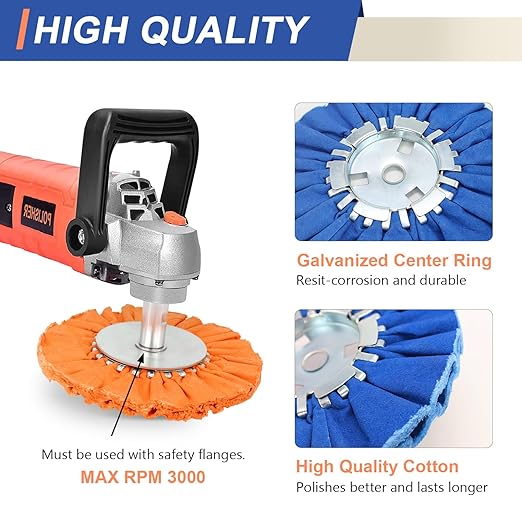 QZATTCAEN Airway Buffing Wheel Kit 7 PCs (2 White, 2 Orange, 2 Blue, 1 Rake) 8" Diameter 5/8" Arbor Hole 16 Ply for Angle Grinder