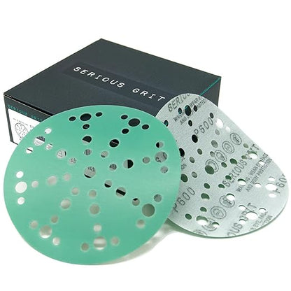 Serious Grit - 6-Inch 49-Hole 600 Grit Sanding Discs - Heavy-Duty Hook & Loop Film Discs - Sandpaper for Random Orbital Sanders - 50 Pack Box