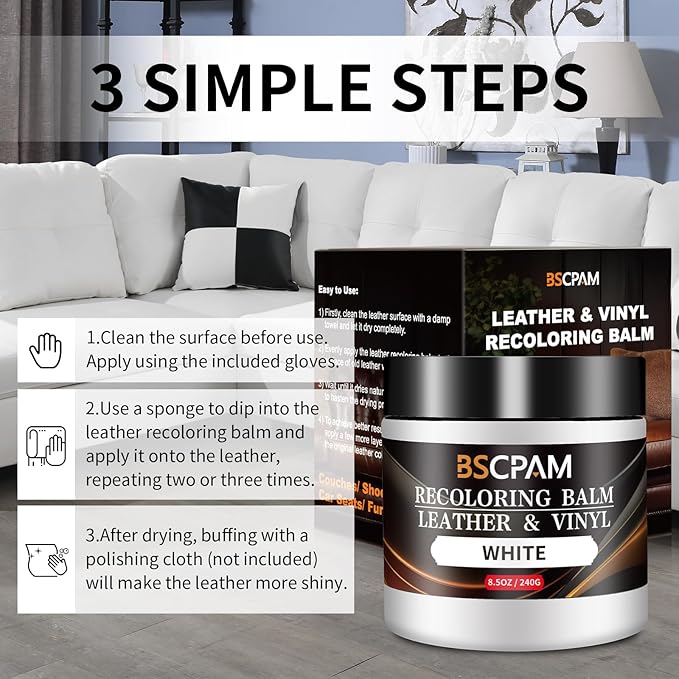 BSCPAM White Leather Recoloring Balm,Leather Couch Scratch/Stain Remover,Leather Repair kit for Vinyl Furniture and Car Interior,Leather Dye Paint for Scratched and Faded Leather Couches