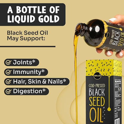 MAJU's Black Seed Oil 16oz: 3X Thymoquinone, Cold Pressed, 100% Turkish Black Cumin Nigella Sativa Seed Oil (Better Than Organic), Non-GMO, 100% Liquid Pure Blackseed, Glass Bottle
