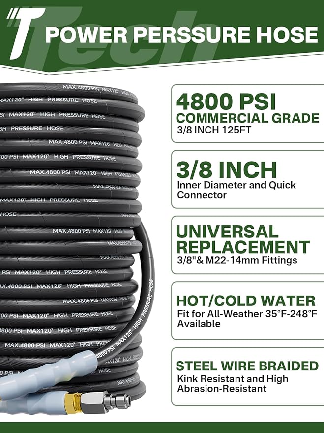 3/8" 4800PSI Pressure Washer Hose 125FT with Swivel Quick Connect for Cold/Hot Water Max 248°F, Kink Resistant Steel Wire Braided, Wear Resistant Power Washer Hose with M22 14mm Adapter
