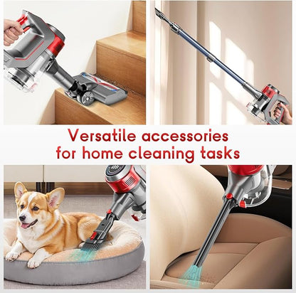 BSNAW Cordless Stick Vacuum Cleaner - Rechargeable, 35Kpa Powerful Vacuums with Detachable Battery, LED Display, 45Mins Runtime, 8 in 1 Handheld Vacuum for Hardfloor & Carpets Pet Hair, Red