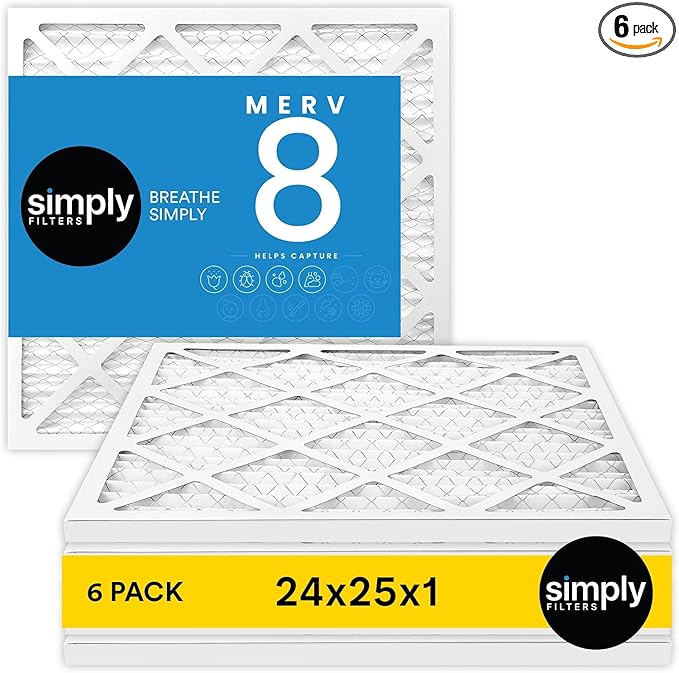 Simply 24x25x1 Air Filter, Merv 8, 6 Pack, For Home AC Furnace & HVAC (Actual Size: 23.75"x24.75"x0.75") DUST, Pet, & Allergy Control