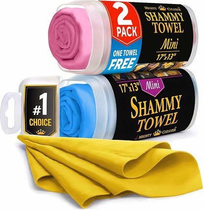 Premium 2pk Mini +1 Free Shammy Cloth for Car Drying - 17”x13” - Super Absorbent Chamois Towel for Car - Scratch-Free, Reusable & Soft Cleaning Towel
