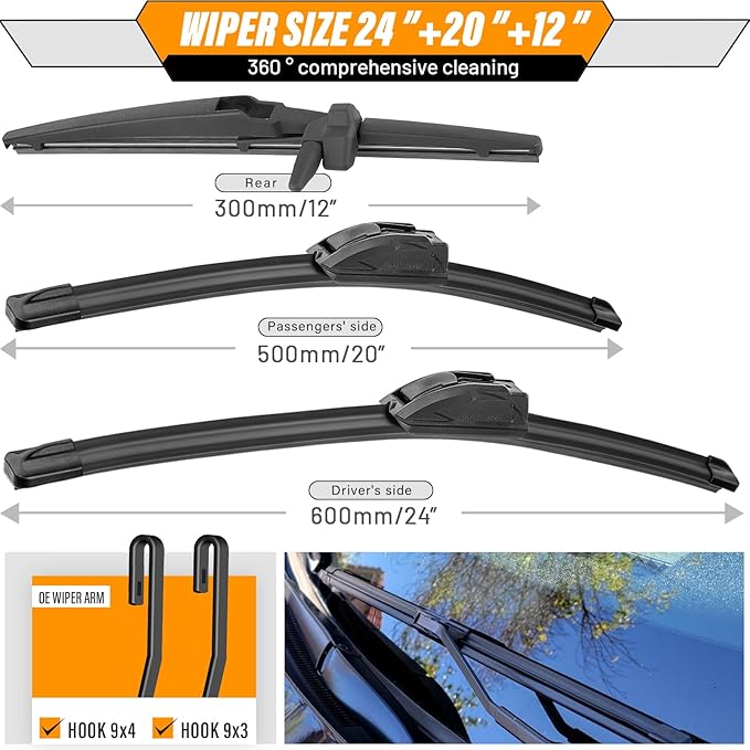 AUTOBOO 24"+20" Windshield Wipers with 12 Inch Rear Wiper Blade Replacement for Toyota 4runner 2010 2011 2012 2013 2014 2015 2016 2017 2018 2019 2022 2023 2024 -Original Factory Quality (Pack of 3)