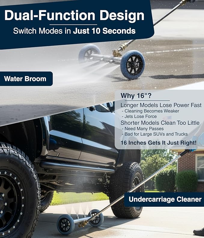 Pressure Washer Undercarriage Cleaner, 16 Inch, Professional-Grade, Power Wash Water Broom, Heavy Duty Sprayer for Under Car Clean, 1500-4000 PSI, Mud Salt Grime Dirt Cleaning, 3 Wands Attachment