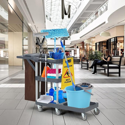 Commercial Janitorial Cart with Wheels, 3-Shelf Cleaning Trolley Cart with 16-Gallon Trash Bag, 220 Lbs Capacity Rolling Housekeeping Carts, Ideal for Hotel,School, Apartments