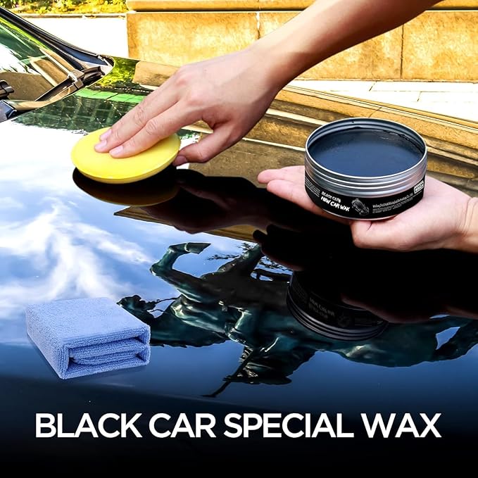 WEICA Black Car Wax Paste with Carnauba - Cera para Autos, Swirl Mark Minimizer & Gloss Enhancer for Dark Vehicles, Safe on Clear Coat, 180g Kit w/Applicator Sponge & Microfiber Towel
