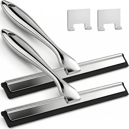 2PACK All-Purpose Shower Squeegee for Shower Doors, Tile Shower Walls, Bathroom, Window, Glass and Car Windshield, Mirrors and Kitchen-Stainless Steel, 9.8-Inch, Silver