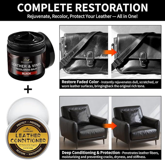 SHABEIBEI Leather Recoloring Balm with 100ml Mink Oil, Black Leather Repair Kit and Scratch Remover for Furniture, Car Seats, Sofas, Dye & Restorer for Couches, Vinyl, PU, Faux