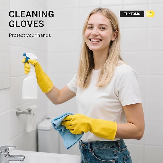 MNOPQ 3 Pairs Rubber Dishwashing Gloves,Reusable Household Gloves for Washing Dishes, Kitchen Cleaning,Painting, Gardening, Pet Care,Extra Thickness, Non-Slip,L