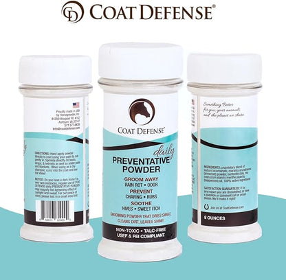 Coat Defense Daily Preventative Powder for Horses - Safe & Effective Equine Sweet Itch, Skin Funk, Scratches, & Rain Rot Treatment - Dry Shampoo for Horses, 8 oz Formula with All Natural Ingredients
